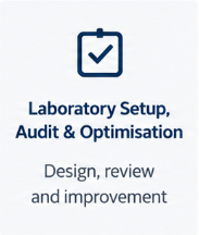 Icon of a clipboard with a checkmark, above text reading 'Laboratory Setup, Audit & Optimisation' with additional text 'Design, review and improvement'.