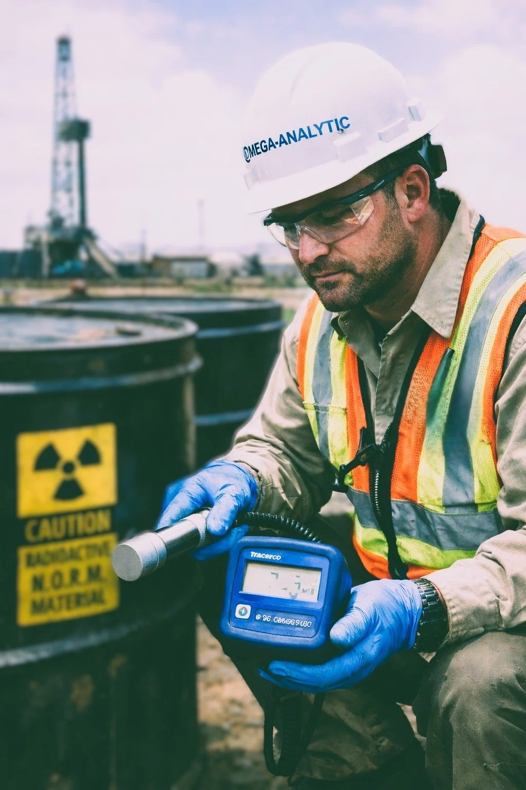 A worker wearing safety gear, including a white helmet labeled 'OMEGA-ANALYTIC', safety glasses, and gloves, taking measurements with a handheld device near radioactive waste drums marked with caution signs at an industrial site in a landscape with oil rigs and cloudy sky.