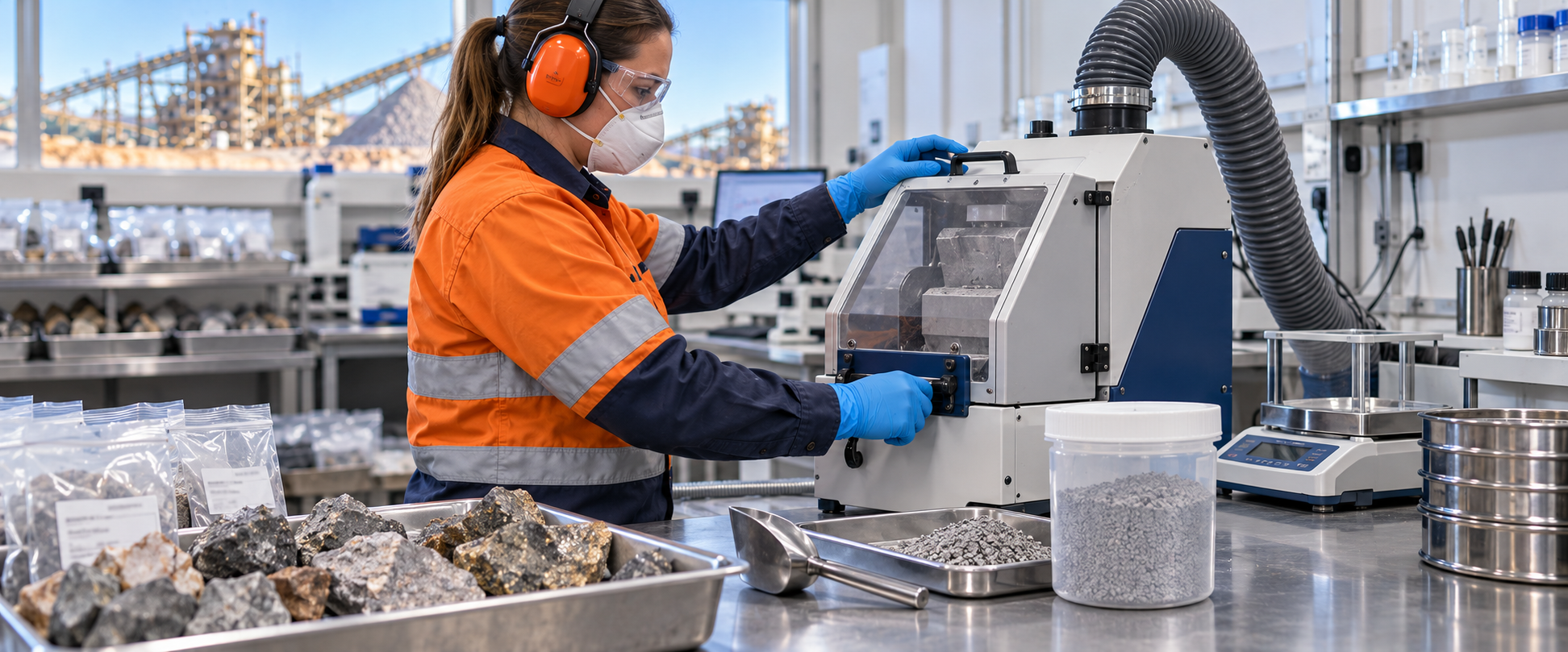 A woman in safety gear, including orange earmuffs, mask, safety glasses, gloves, and a lab coat, working with a machine in a laboratory or industrial setting with various rocks and minerals on the table.