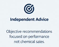 A logo with a target symbol, header titled 'Independent Advice', and text stating 'Objective recommendations focused on performance, not chemical sales.'