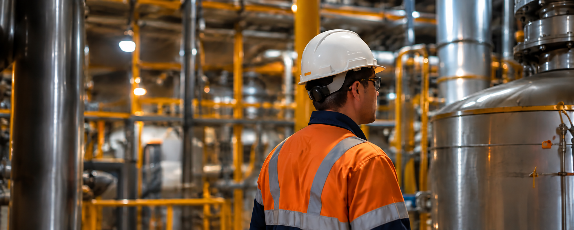 A worker in safety gear, including a white hard hat and orange safety vest, inspecting industrial equipment in a factory or plant with metallic pipes and yellow safety rails.
