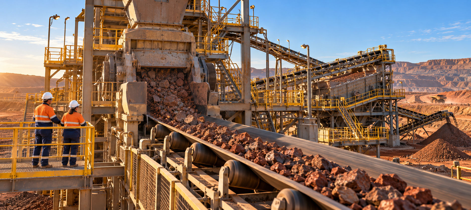 Two workers in safety gear observe a conveyor belt transporting rocks at a large open-pit mining site during sunset with mountains in the background.