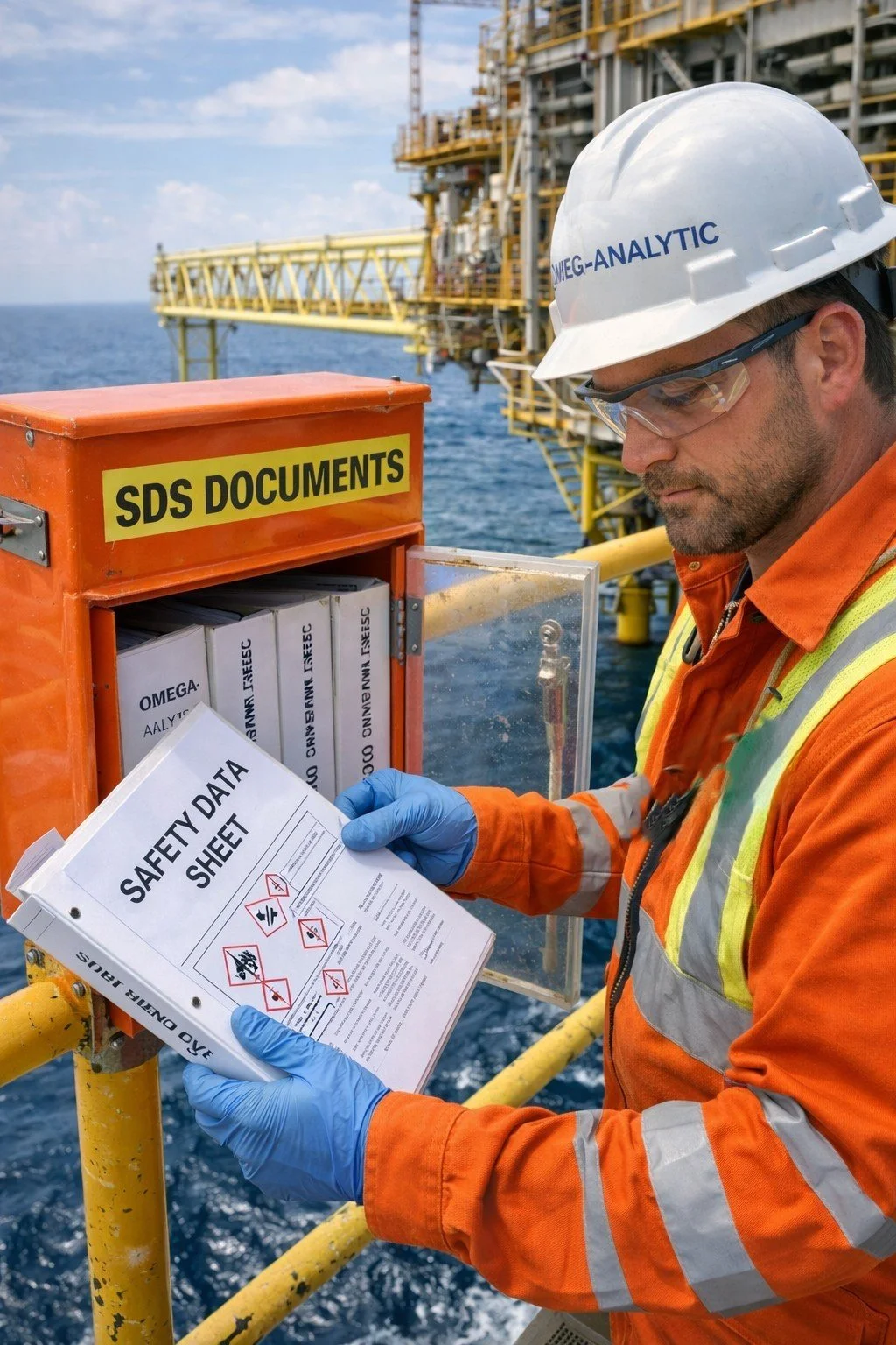 A man wearing safety gear, including a helmet labeled "NOMEG-ANALYTIC," safety glasses, and gloves, standing on a yellow offshore platform or oil rig, holding a safety data sheet with a sign labeled "SDS DOCUMENTS" nearby, with the ocean and part of the platform structure in the background.