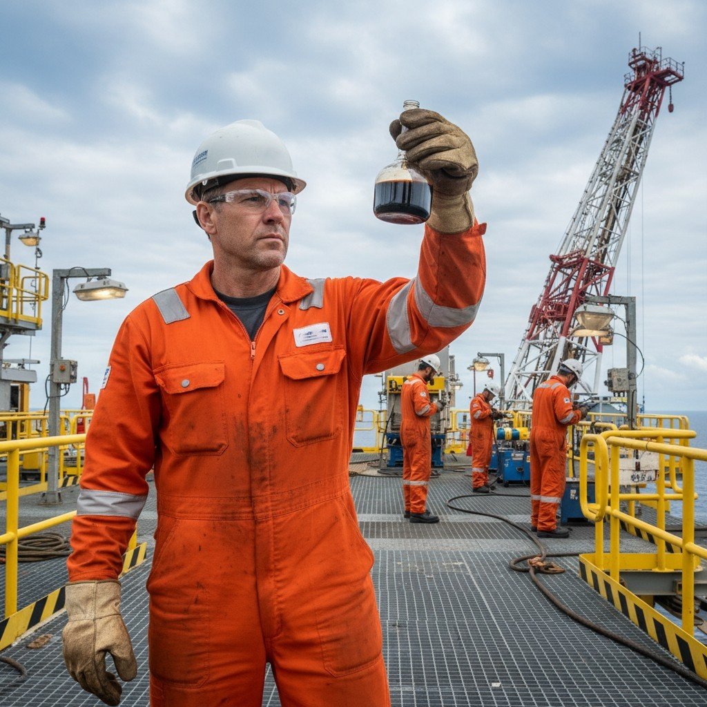 A male oil worker in an orange safety jumpsuit, white hard hat, and gloves holds a beaker of dark liquid on an oil platform.