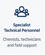 Icon of a group of people above text: 'Specialist Technical Personnel' with smaller text: 'Chemists, technicians, and field support'