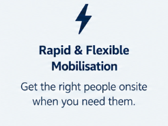 A sign with a lightning bolt symbol, the text 'Rapid & Flexible Mobilisation,' and a message about getting the right people onsite when needed.