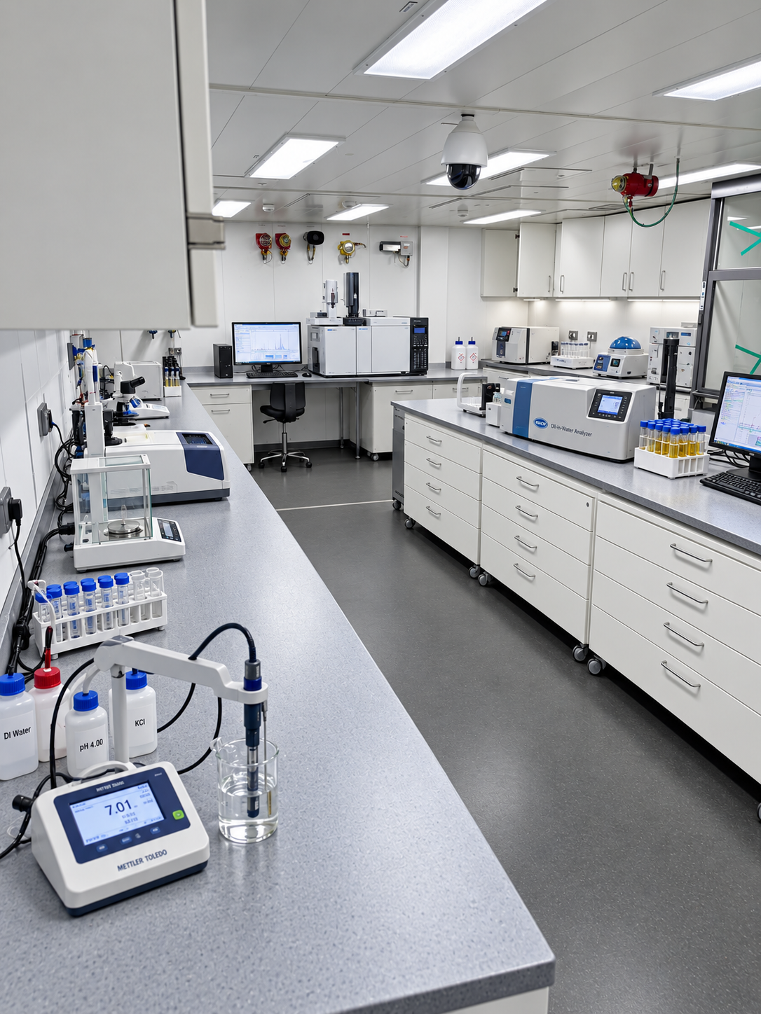 A modern laboratory with various scientific instruments and computers on white countertops, including analyzers, microscopes, and test tubes, in a well-lit room with white cabinets and a gray floor.