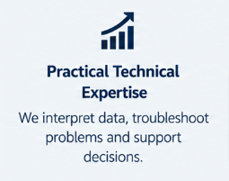 Logo with a bar chart and upward arrow, text reads 'Practical Technical Expertise' and 'We interpret data, troubleshoot problems and support decisions.'