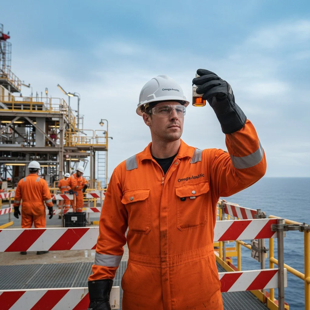 A male offshore worker wearing safety gear, including a white helmet, safety glasses, orange protective suit, and gloves, holding a small container above his eye level on an oil rig platform with other workers in the background.