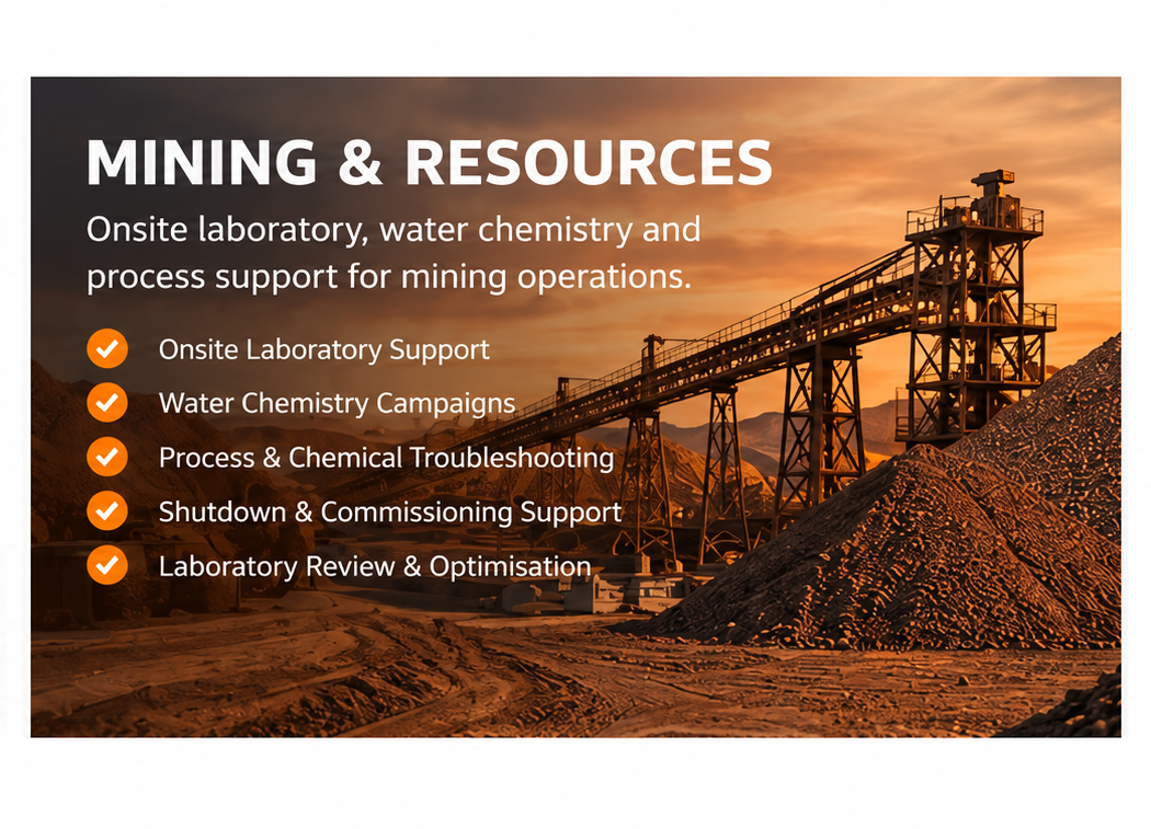 Mining and resources support services with a background of a mining site and conveyor system during sunset.
