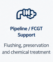 Icon of a hand gripping a cloud, symbolizing support, with text 'Pipeline / FCGT Support' and description of flushing, preservation, and chemical treatment.