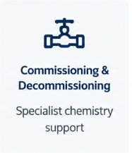 Logo with a faucet icon, text 'Commissioning & Decommissioning' and 'Specialist chemistry support'.