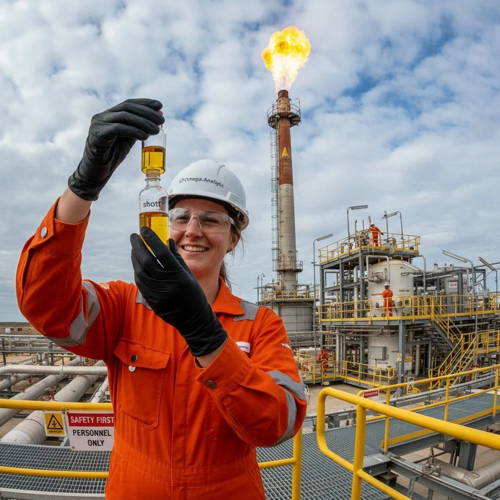 A female scientist or engineer in safety gear at an industrial oil refinery or chemical plant, holding a glass container with yellow liquid, with a tall flare stack burning gas in the background.