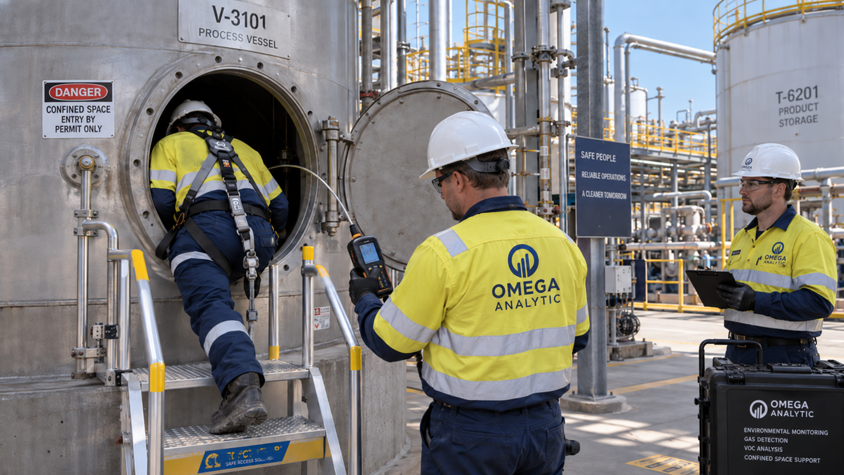Three workers in safety gear inspecting a large industrial process vessel at an oil or gas facility. One worker is entering the vessel, while the other two are monitoring the inspection with equipment and tablets.