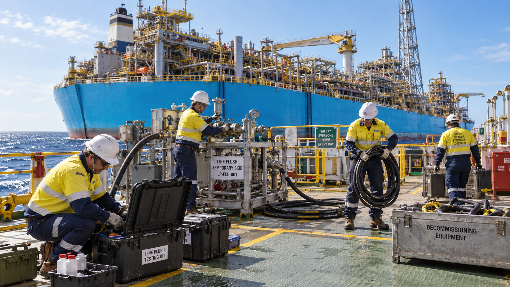 Oil platform workers wearing yellow safety shirts and white helmets working with tools and equipment on an offshore oil rig, with a large blue oil tanker ship in the background on the ocean.