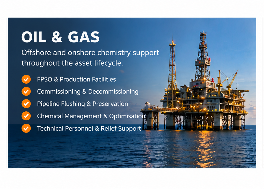 Offshore oil and gas platform with text overlay listing services: FPSO and production facilities, commissioning and decommissioning, pipeline flushing and preservation, chemical management and optimization, technical personnel and relief support.