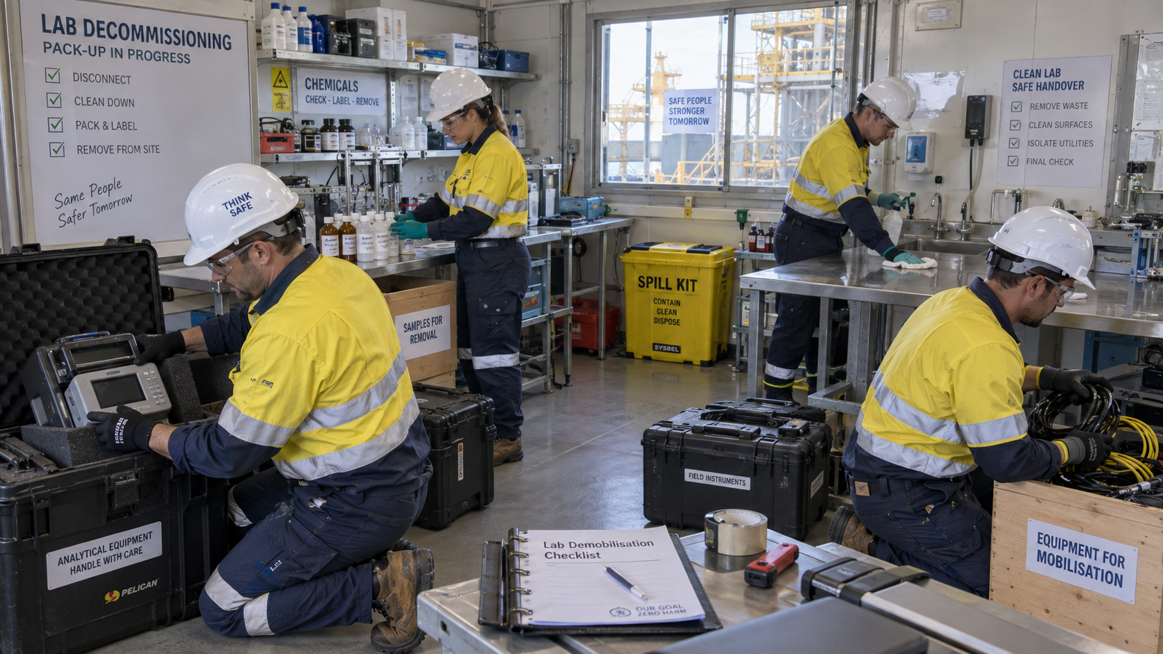 Workers in safety gear conducting lab decommissioning activities in a chemical lab, handling equipment and samples amidst cleaning and removal processes.