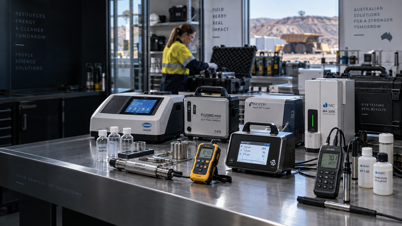 A laboratory workspace with various scientific instruments and equipment on a stainless steel table, including analyzers, testers, and bottles of water and chemicals. A woman in safety gear works in the background at another station, with display screens and a construction vehicle visible outside the lab window.