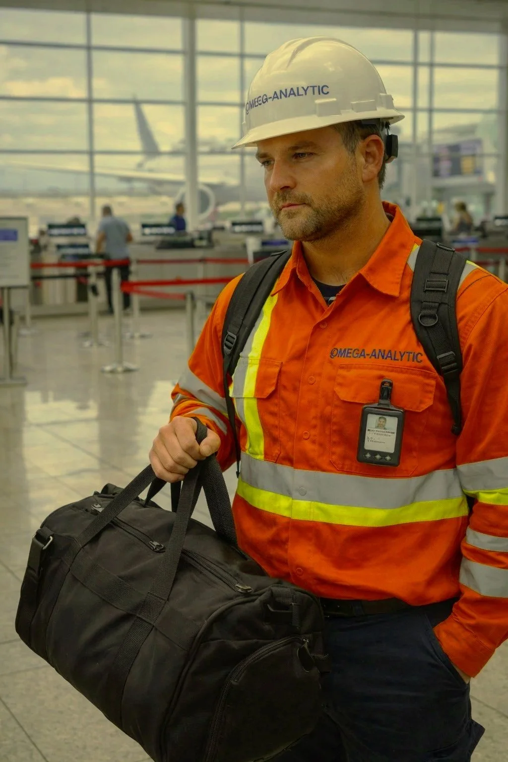 Man in an orange safety uniform with a hard hat and backpack at airport terminal, with planes visible outside large windows.