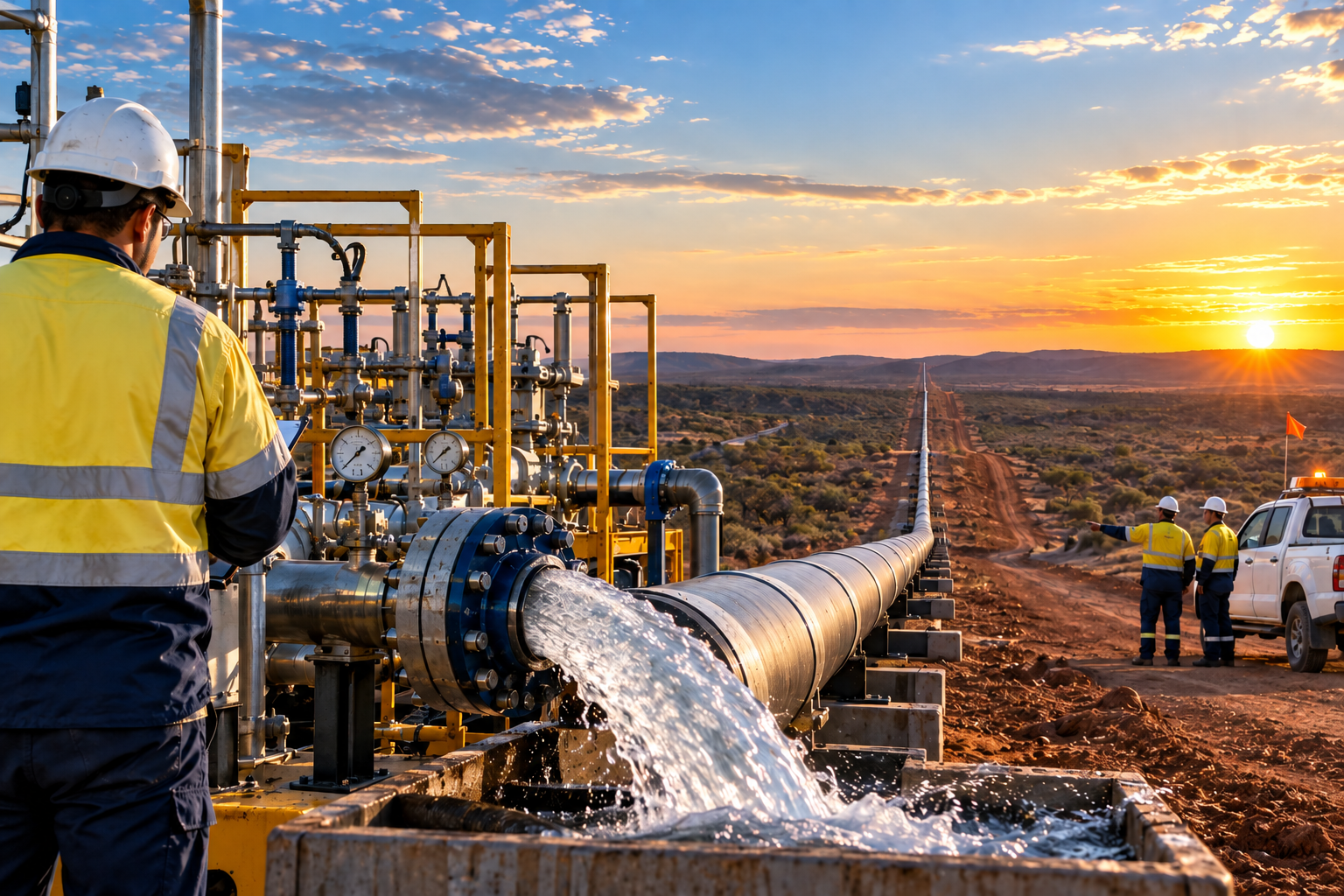 Workers in safety gear inspecting oil pipeline at sunset in desert.