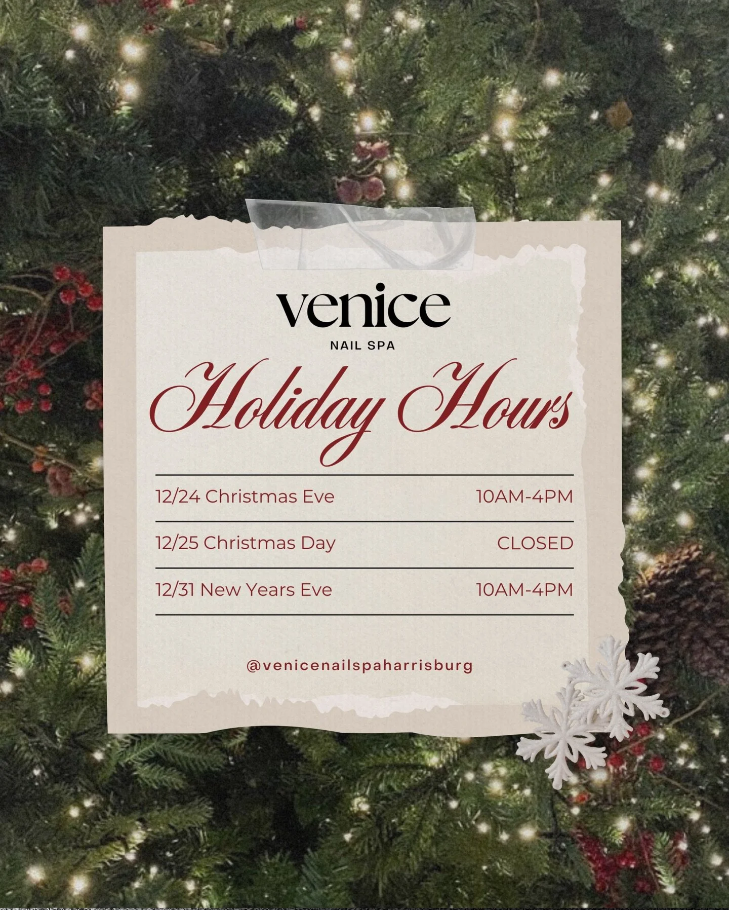 🎄 Holiday Hours Update 🎄 

Please note our adjusted hours during the holiday season:

🗓 Christmas Eve: 10am-4pm
🎅 Christmas Day: Closed
🎇 New Year's Eve: 10am-4pm

We wish you a happy, safe, and joyful holiday season ✨ 
Thank you for your contin