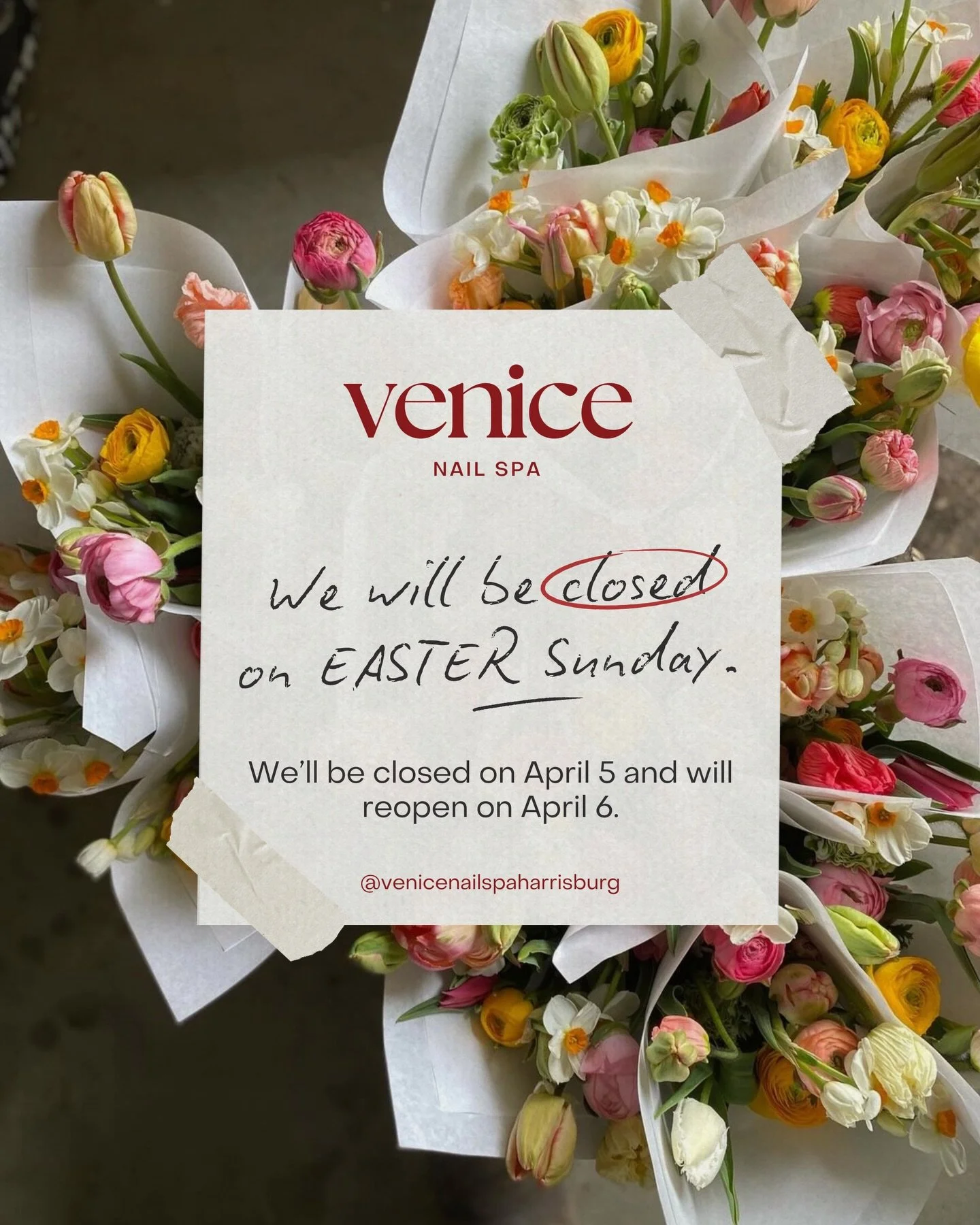 Our salon will be closed on April 5 in observance of Easter Sunday. 
We look forward to welcoming you back on April 6.

Visit us for your next set ✨ Walk-ins &amp; appointments welcome. 
📞 Call to book: (980) 258-0597 
📍 Harris Square (next to Publ