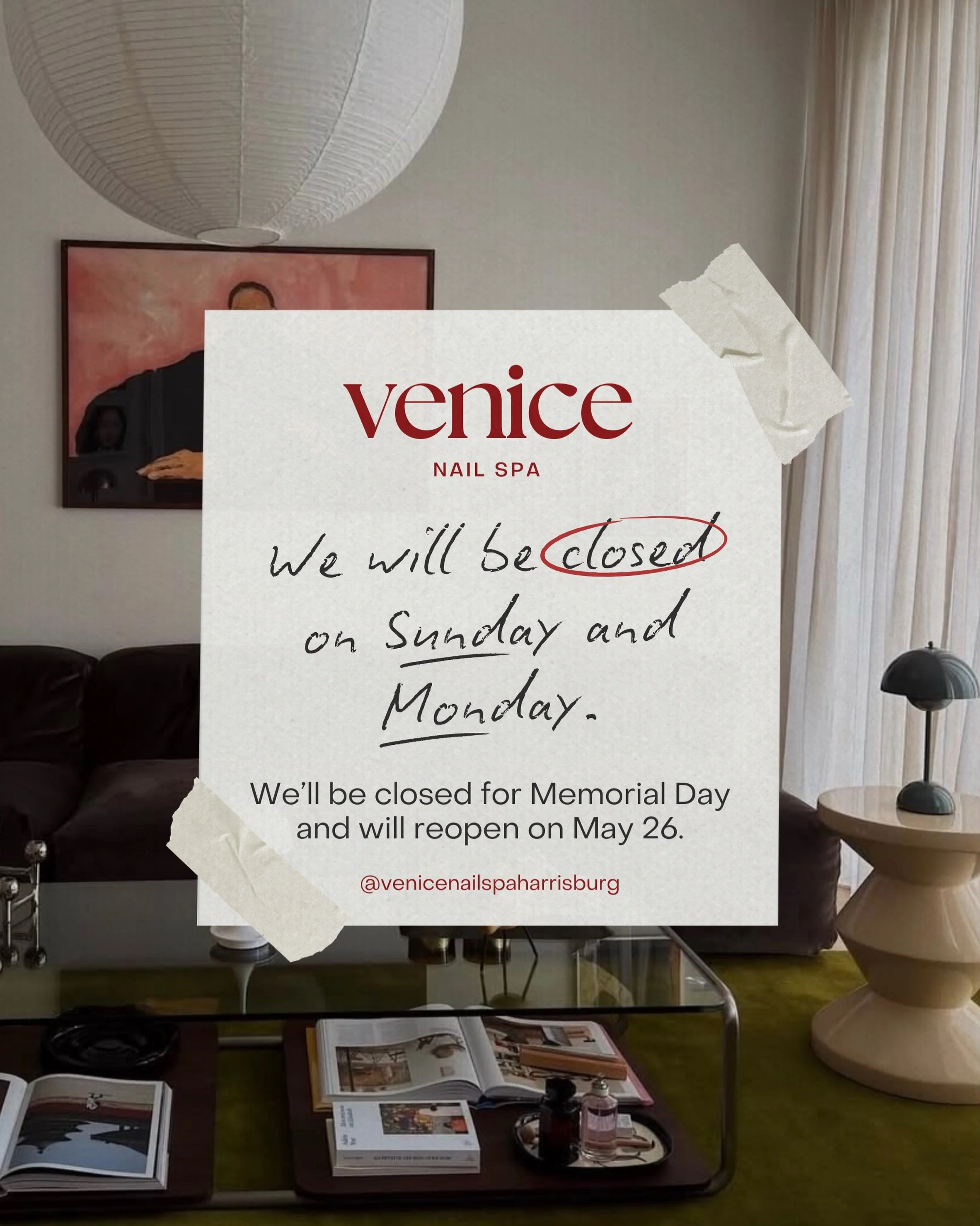 Our salon will be closed Sunday, May 25 &amp; Monday, May 26 for Memorial Day 🇺🇸
We look forward to welcoming you back on Tuesday, May 27 ✨

Visit us for your next set 💅 Walk-ins &amp; appointments welcome.
📞 Call to book: (980) 258-0597
📍 Harri