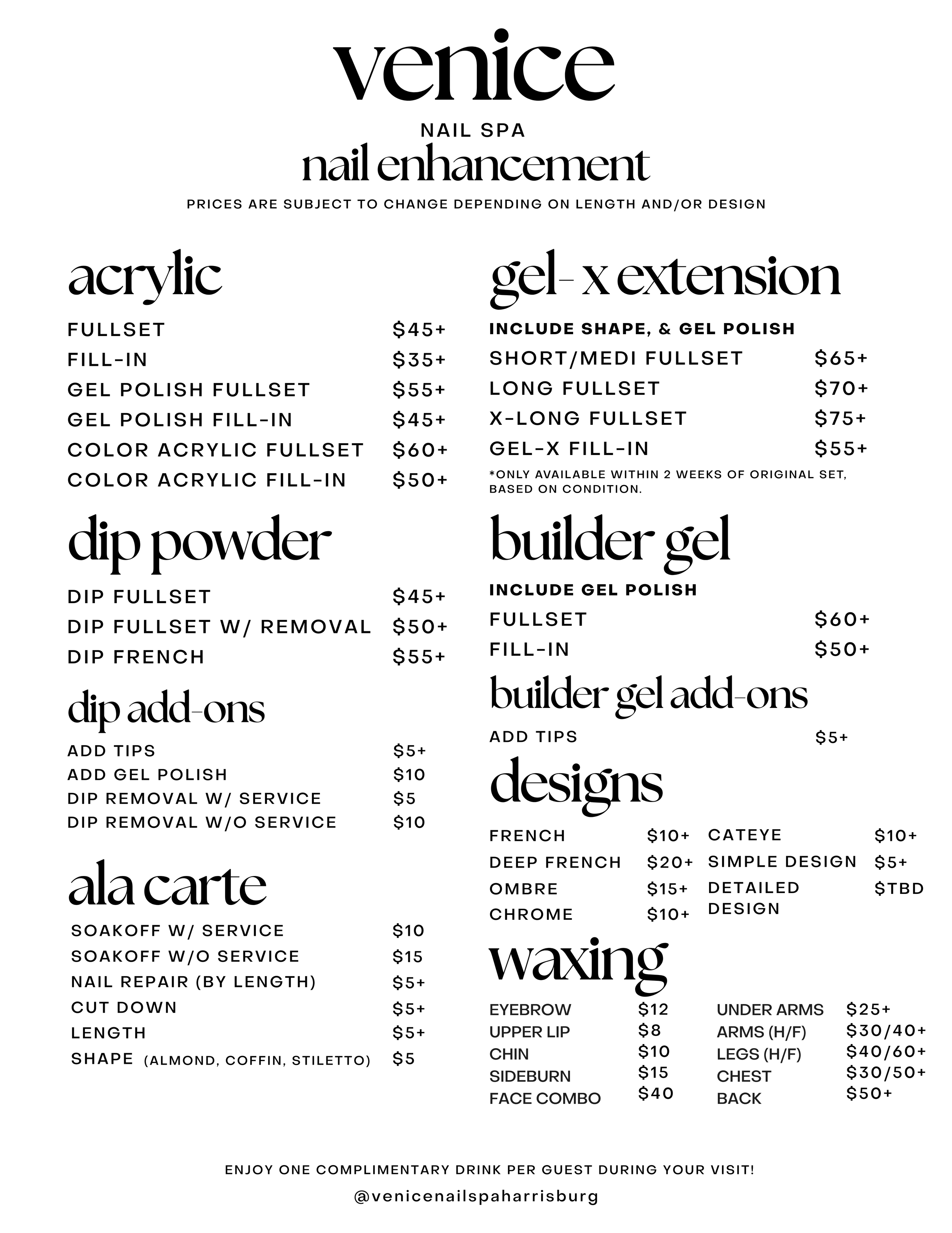 Price list for Venice Nail Spa offering nail enhancement services including acrylic, gel-x extension, dip powder, builder gel, and waxing with various options and prices.
