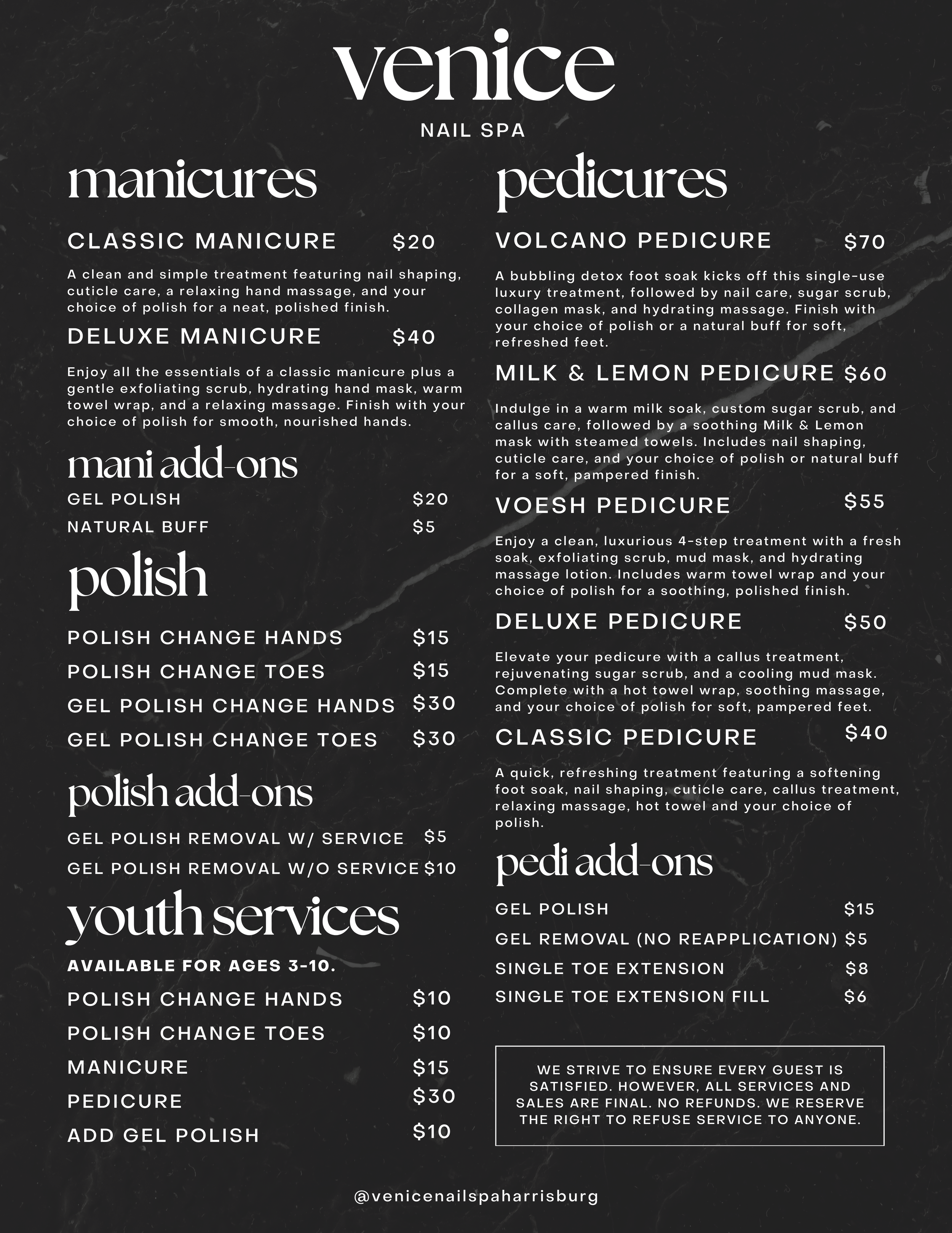 A black chalkboard-style menu for Venice Nail Spa, listing services including manicures, pedicures, add-ons, youth services, and prices for each treatment.