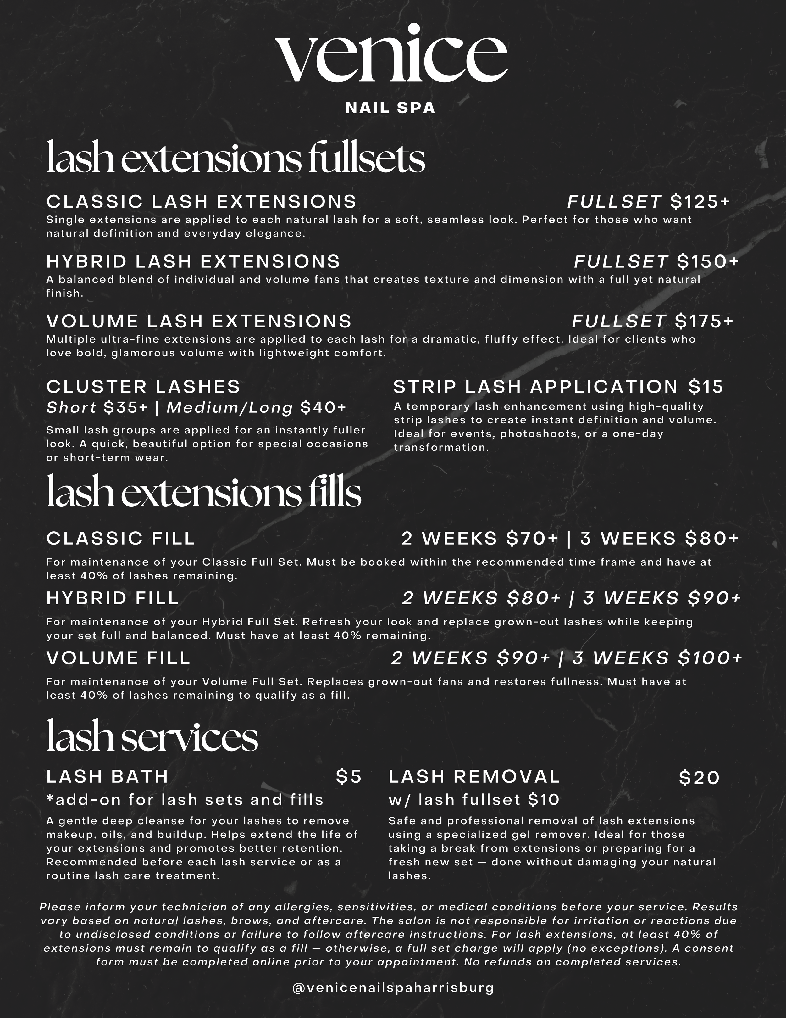A menu from Venice Nail Spa detailing lash extension services and prices, including classic, hybrid, volume, and cluster lashes, as well as lash filler treatments and lash services like bath and removal.