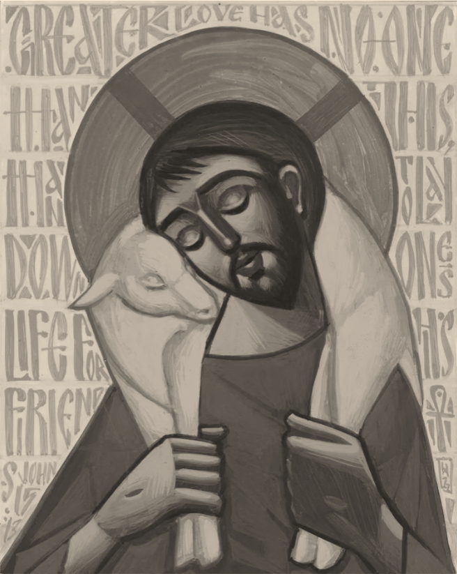 A grayscale painting of Jesus Christ holding a lamb, with a halo around His head. Background features religious text.