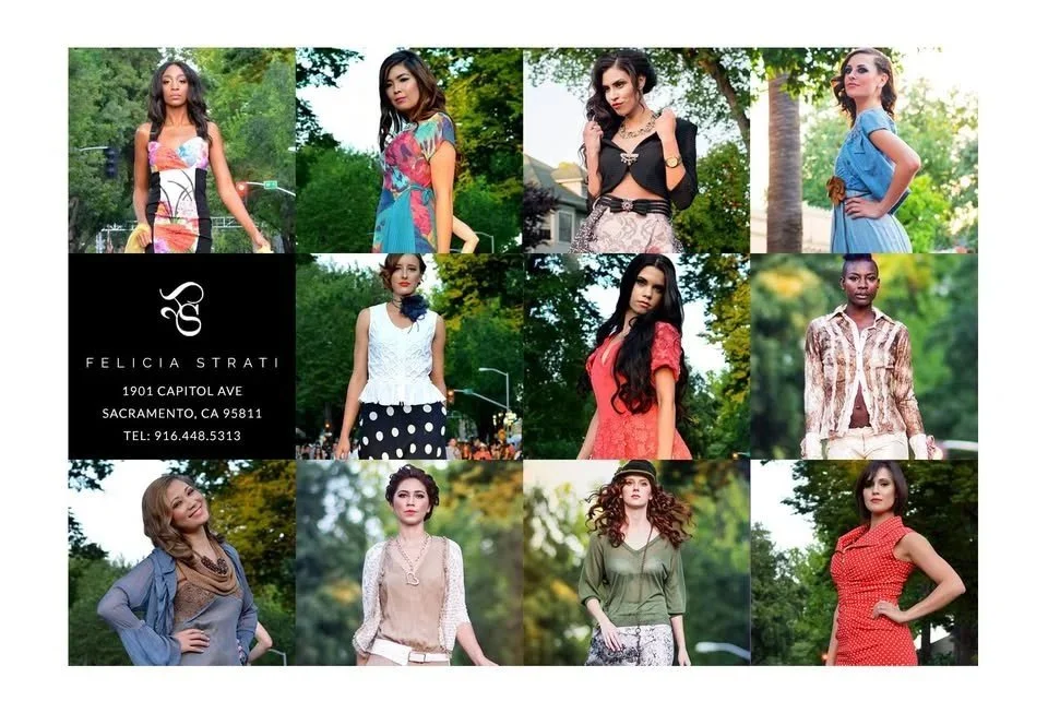 Collage of nine women in outdoor settings, wearing various fashionable outfits, with a business card for Felicia Strati in the center left.