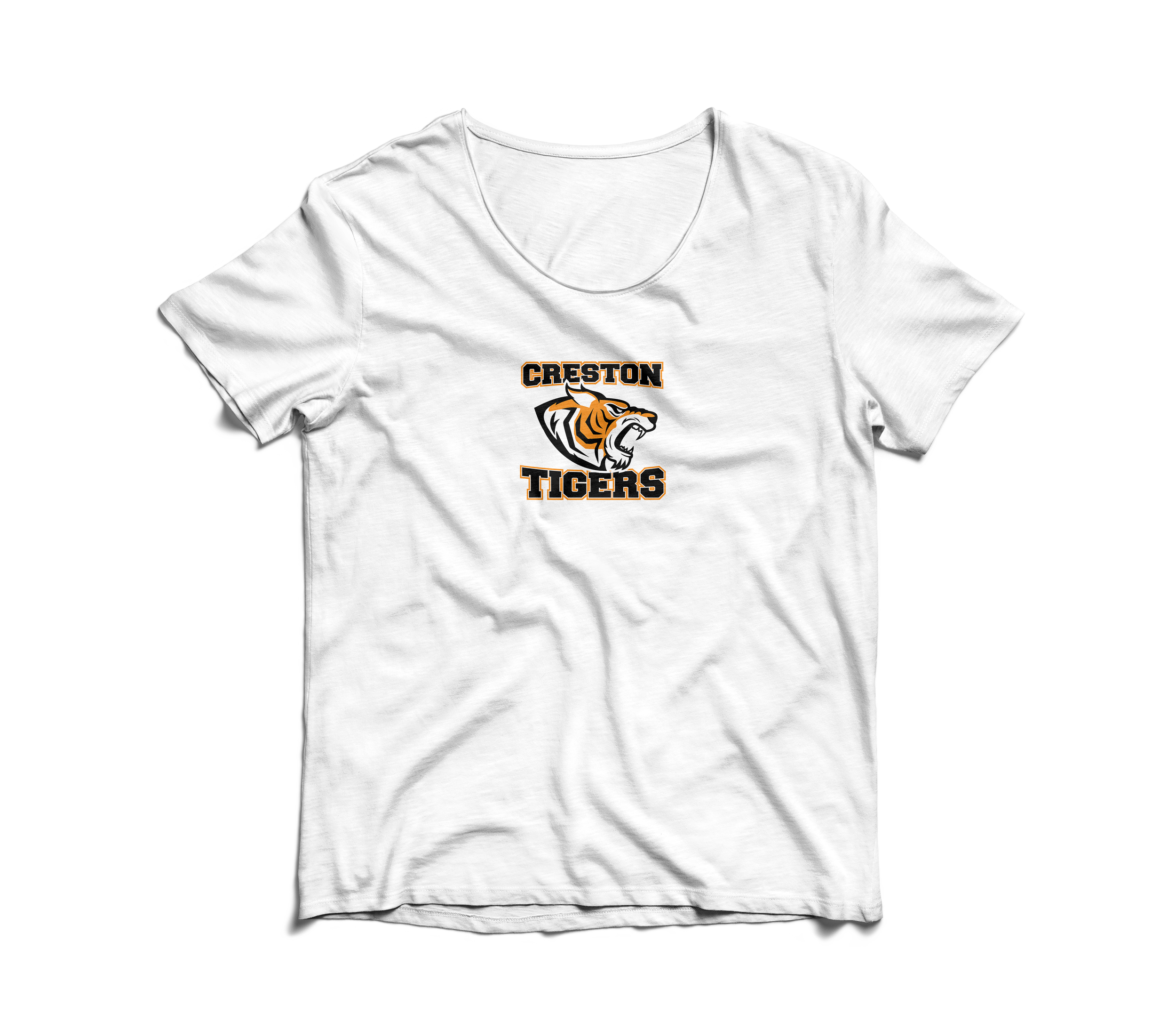 White T-shirt with Creston Tigers logo of a tiger's head and the team name printed above and below the logo.