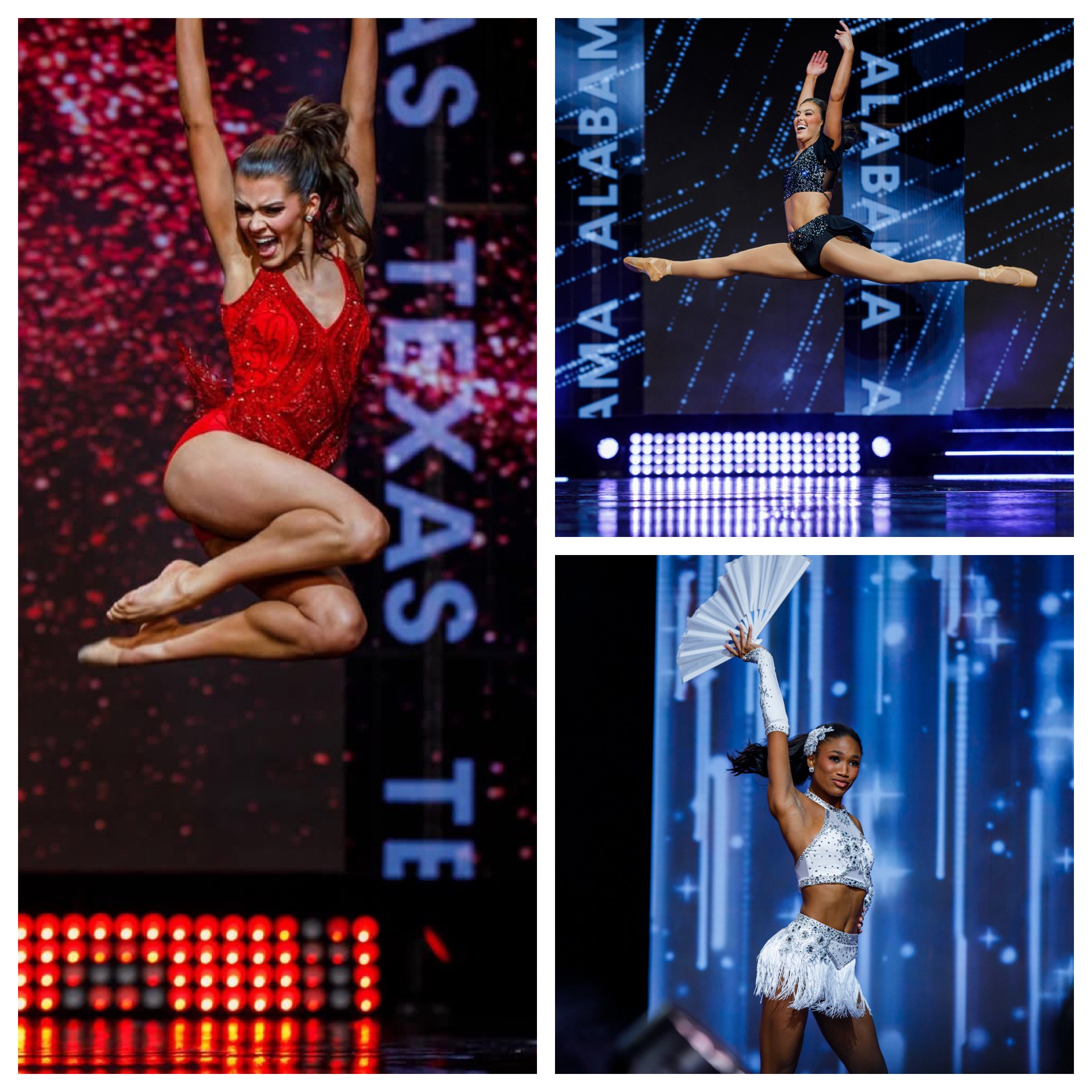 Three women performing on stage: one is jumping in a red dress, second is performing a leap in a black outfit, third is holding a fan in a white outfit.