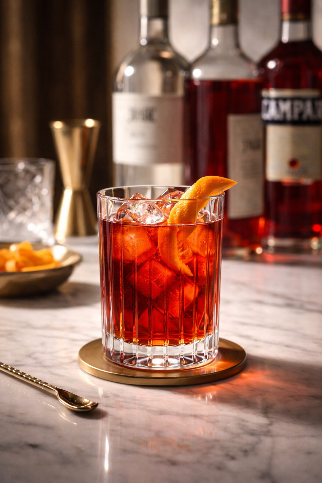 A glass of Negroni cocktail with an orange twist on a marble bar counter, with bar bottles and cocktail tools in the background.