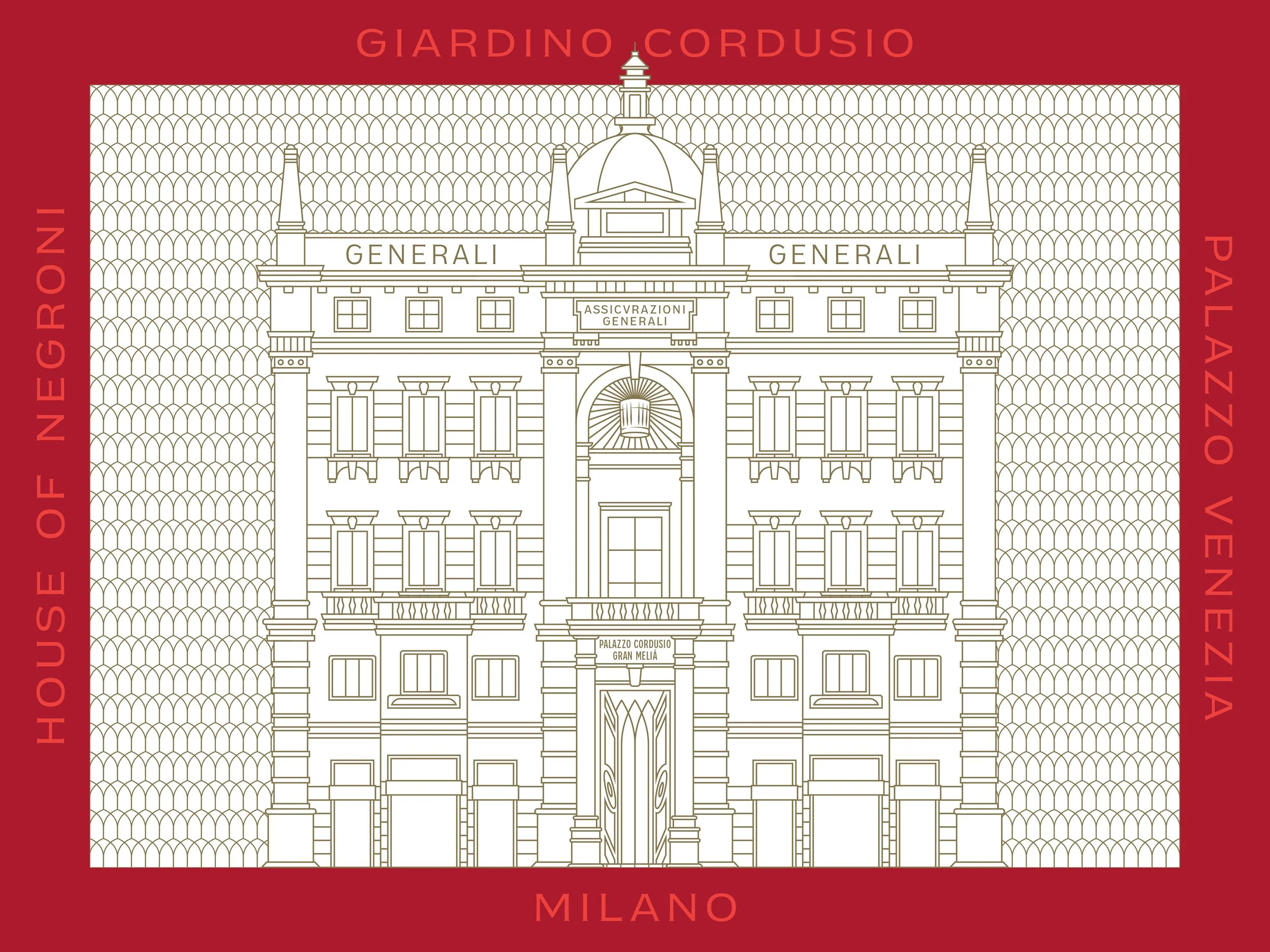Line art illustration of the hotel Palazzo Venezia in Milan. There is a red frame surrounding the building.