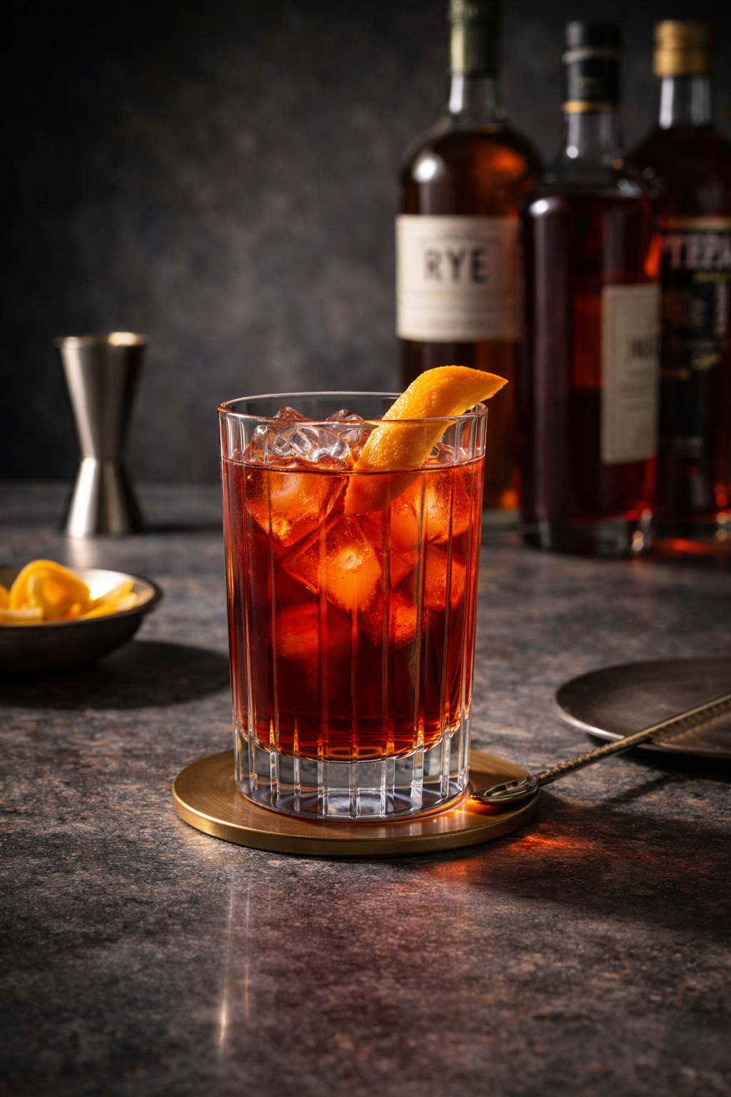 A glass of red cocktail with ice and a lemon wedge garnished, placed on a gold coaster on a dark marble surface behind bottles of spirits in a bar setting.