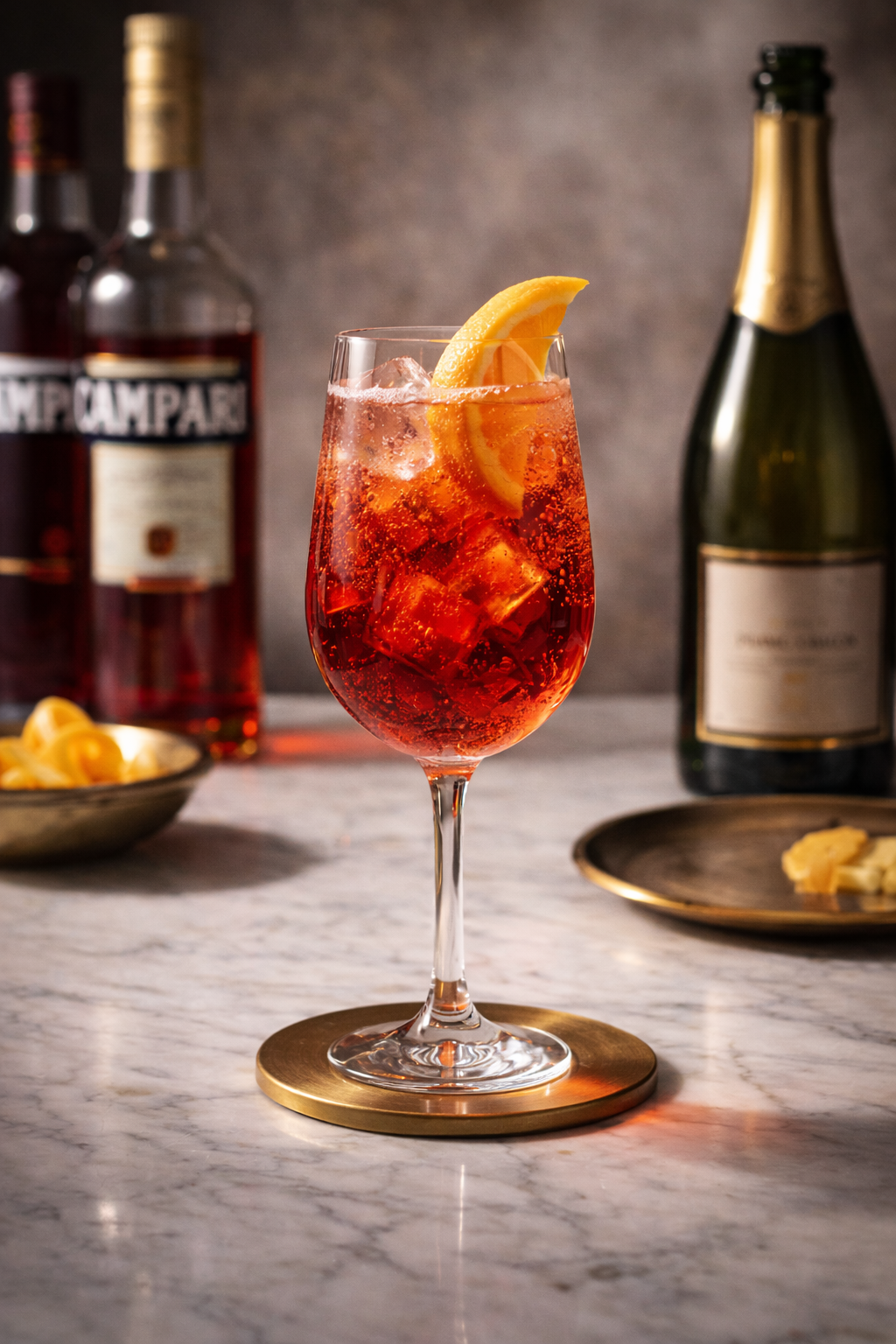 A glass of Aperol spritz with lemon wedge on a marble table, with two bottles of alcohol in the background and a small plate of cheese.