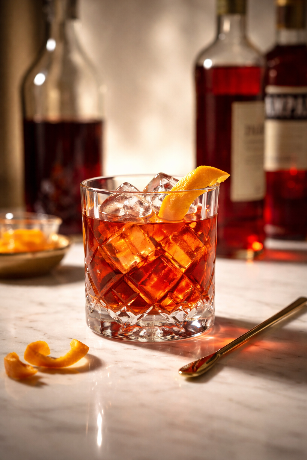 Cocktail in a glass on top of a marble bar