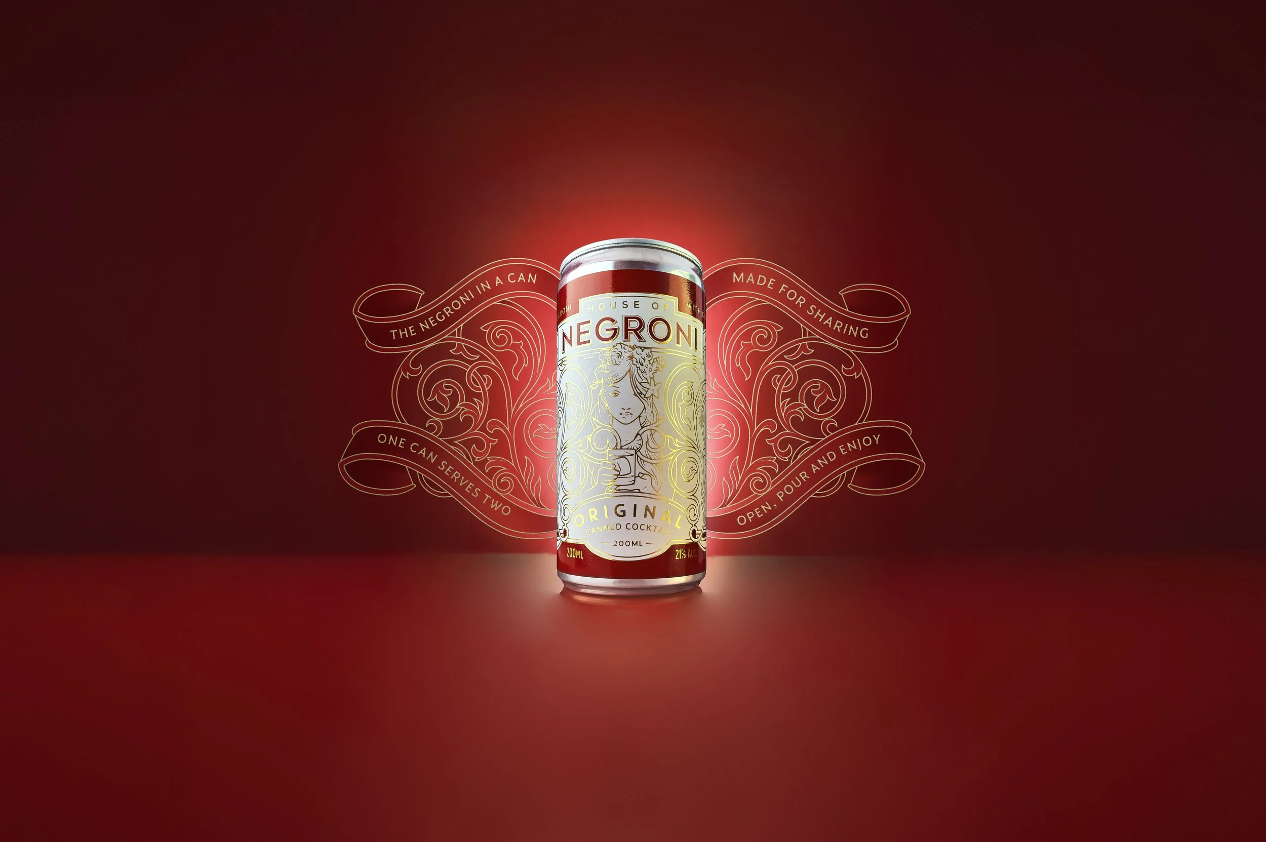 A can of House of Negroni Original cocktail with a red background and decorative gold design, centered in the image.