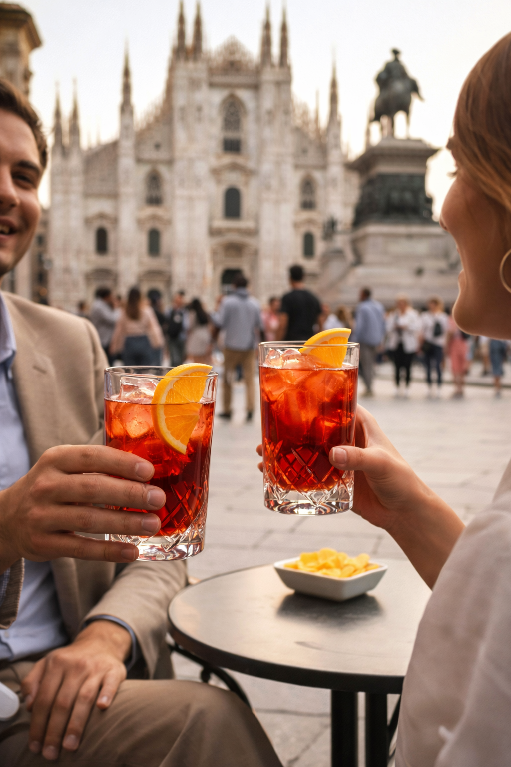 A couple enjoying a red cocktail outside in Milan