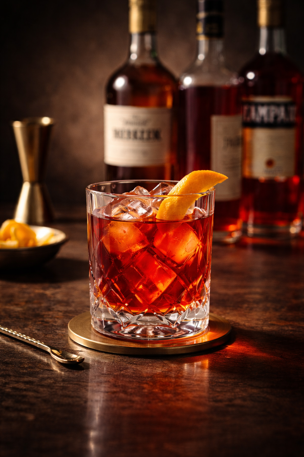 A glass of Negroni cocktail with ice and a lemon wedge on a wooden bar counter, with bottles of alcohol in the background.
