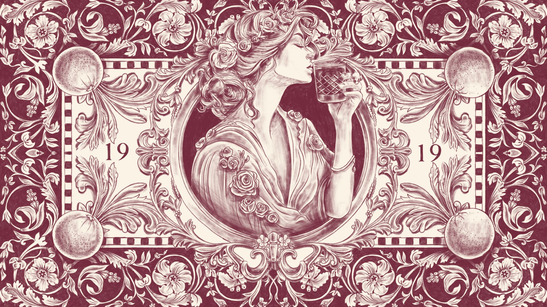 Ornate House of Negroni illustration of a woman with roses in her hair, drinking a negroni, surrounded by ornate floral patterns, with the year 1919 displayed on either side.
