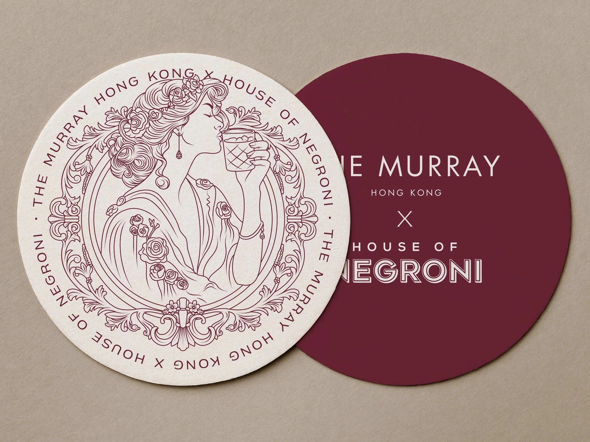 Image of two coasters next to each other, one has a illustration of a lady sipping a negroni, the other has brand logos.