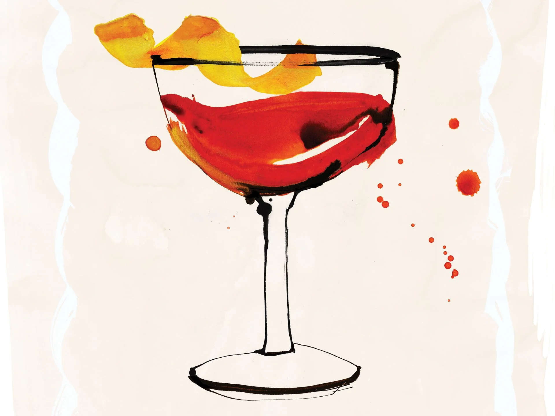 A watercolor illustration of a cocktail glass with red liquid, garnished with a lemon or orange slice and painted with loose brushstrokes and splashes.