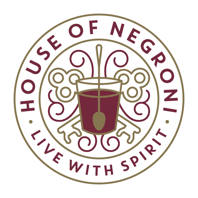 Ornate Logo for 'House of Negroni', featuring a maroon cup with a spoon and keys, surrounded by the phrase 'Live with Spirit' in maroon lettering.