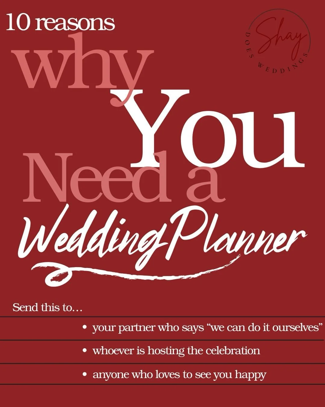 🗣️Your Wedding Planner will be your biggest advocate and greatest investment.

Planning your own wedding is not impossible, just like it&rsquo;s not impossible to play your own music or make your own decorations. I&rsquo;m sure as you read that, you