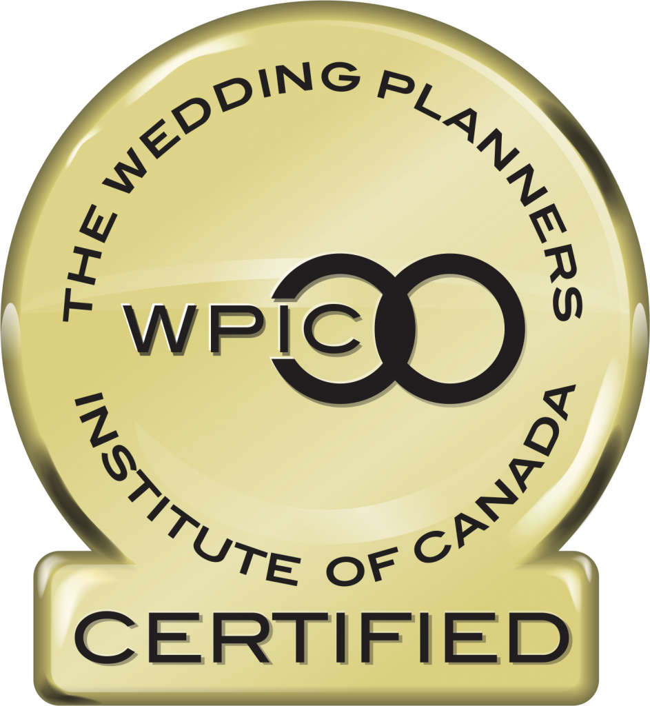 Gold circular seal with black text that reads "The Wedding Planners Institute of Canada" around the top edge, and "Certified" at the bottom. Shay Does Weddings is WPIC Certified.