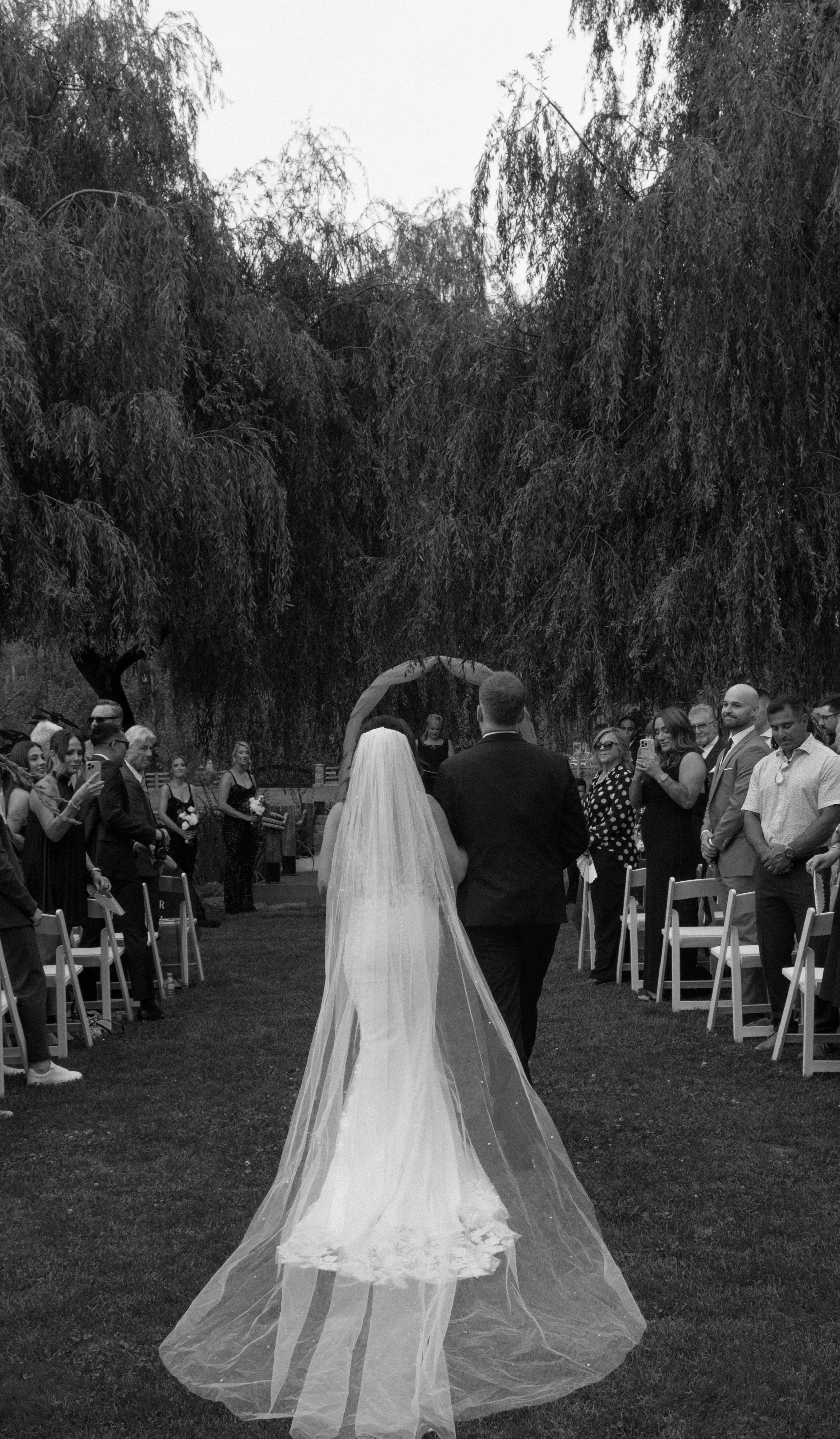 Black and white photo of a wedding ceremony with a bride and groom walking down the aisle, surrounded by guests seated on both sides, outdoors under large trees with hanging branches. Planned by Shay from Shay does Weddings.