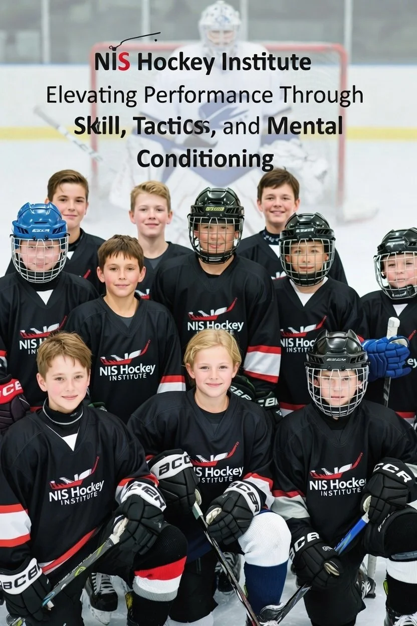 Group of young hockey players in black jerseys with 'NIS Hockey Institute' logo, wearing helmets and holding hockey sticks, posing on an ice rink with a goalie and goalie in the background.
